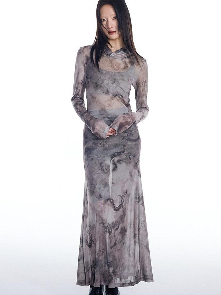 THELIGHT OFFICIAL Dragon Tie Dye Mesh Women's Polyester Blend Casual Maxi Dresses