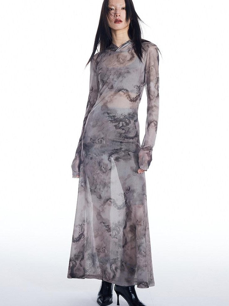 THELIGHT OFFICIAL Dragon Tie Dye Mesh Women's Polyester Blend Casual Maxi Dresses