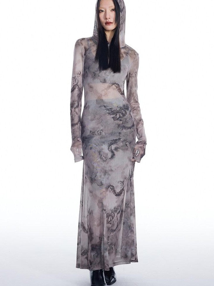 THELIGHT OFFICIAL Dragon Tie Dye Mesh Women's Polyester Blend Casual Maxi Dresses