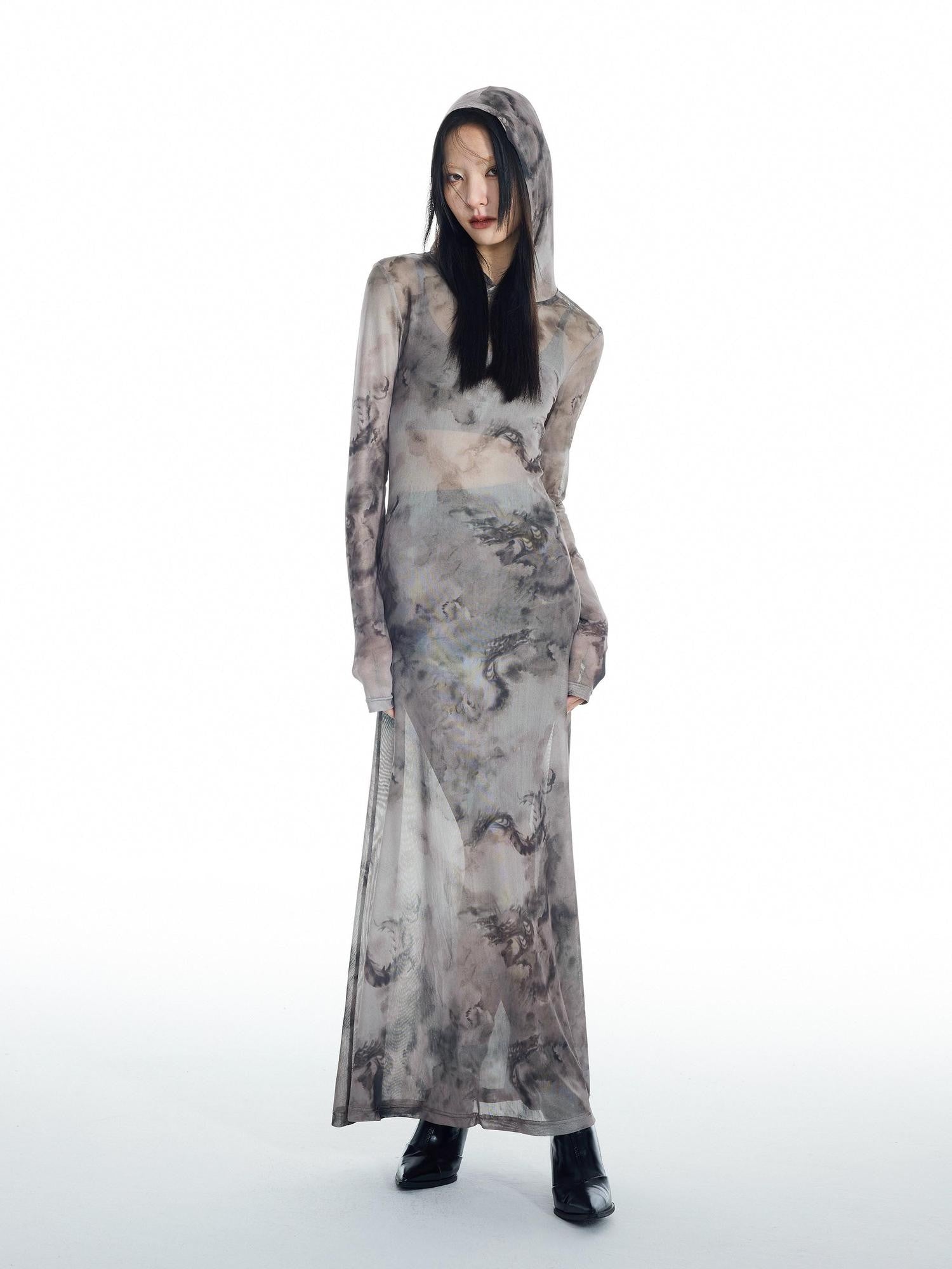 THELIGHT OFFICIAL Dragon Tie Dye Mesh Women's Polyester Blend Casual Maxi Dresses