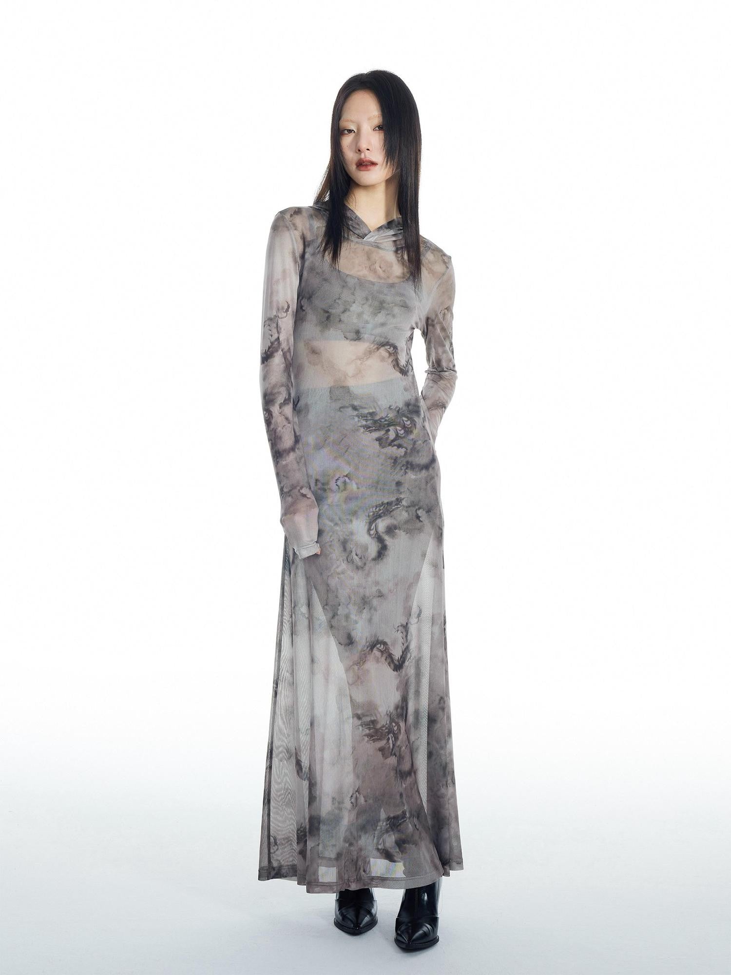 THELIGHT OFFICIAL Dragon Tie Dye Mesh Women's Polyester Blend Casual Maxi Dresses
