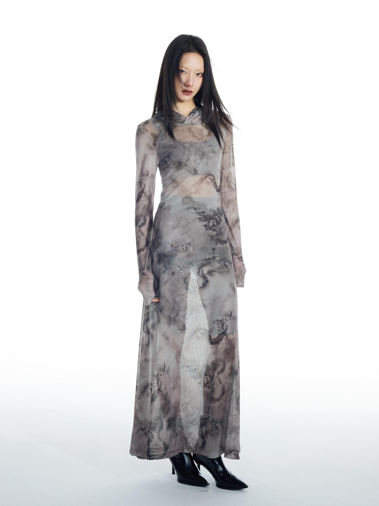 THELIGHT OFFICIAL Dragon Tie Dye Mesh Women's Polyester Blend Casual Maxi Dresses