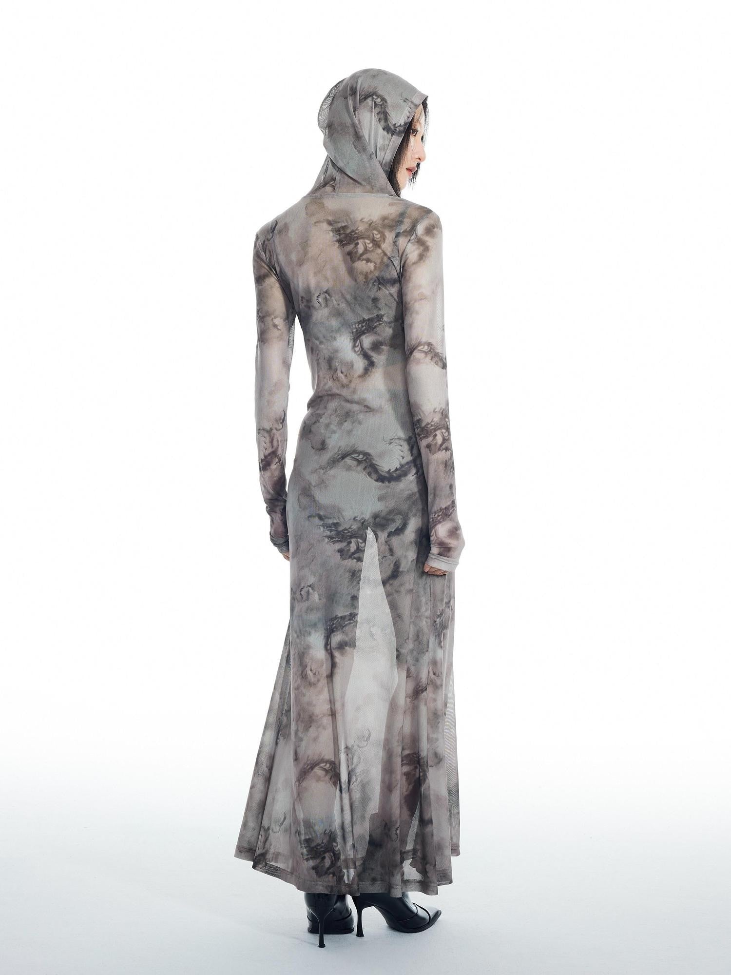 THELIGHT OFFICIAL Dragon Tie Dye Mesh Women's Polyester Blend Casual Maxi Dresses