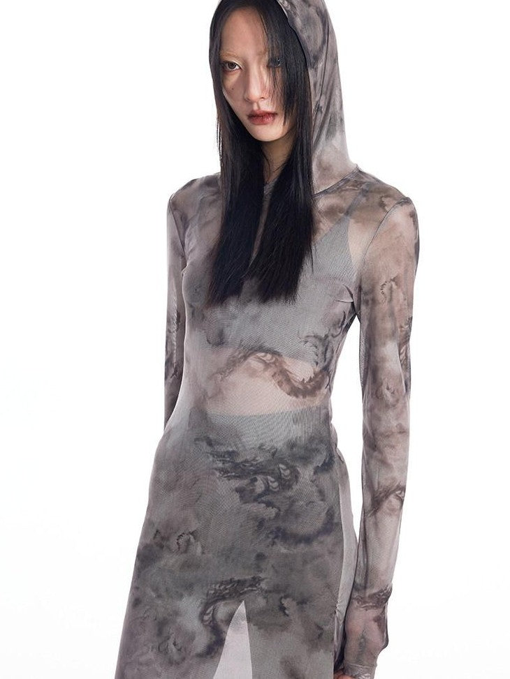 THELIGHT OFFICIAL Dragon Tie Dye Mesh Women's Polyester Blend Casual Maxi Dresses