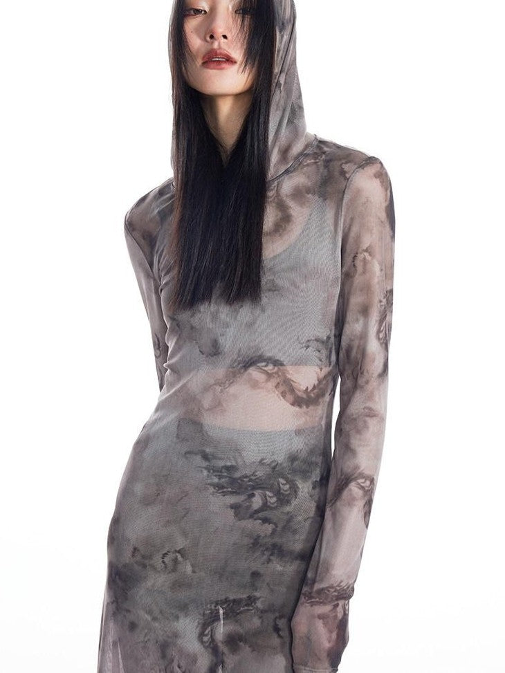 THELIGHT OFFICIAL Dragon Tie Dye Mesh Women's Polyester Blend Casual Maxi Dresses