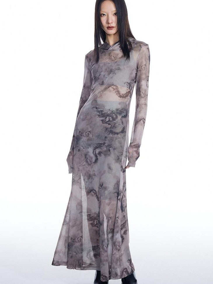 THELIGHT OFFICIAL Dragon Tie Dye Mesh Women's Polyester Blend Casual Maxi Dresses