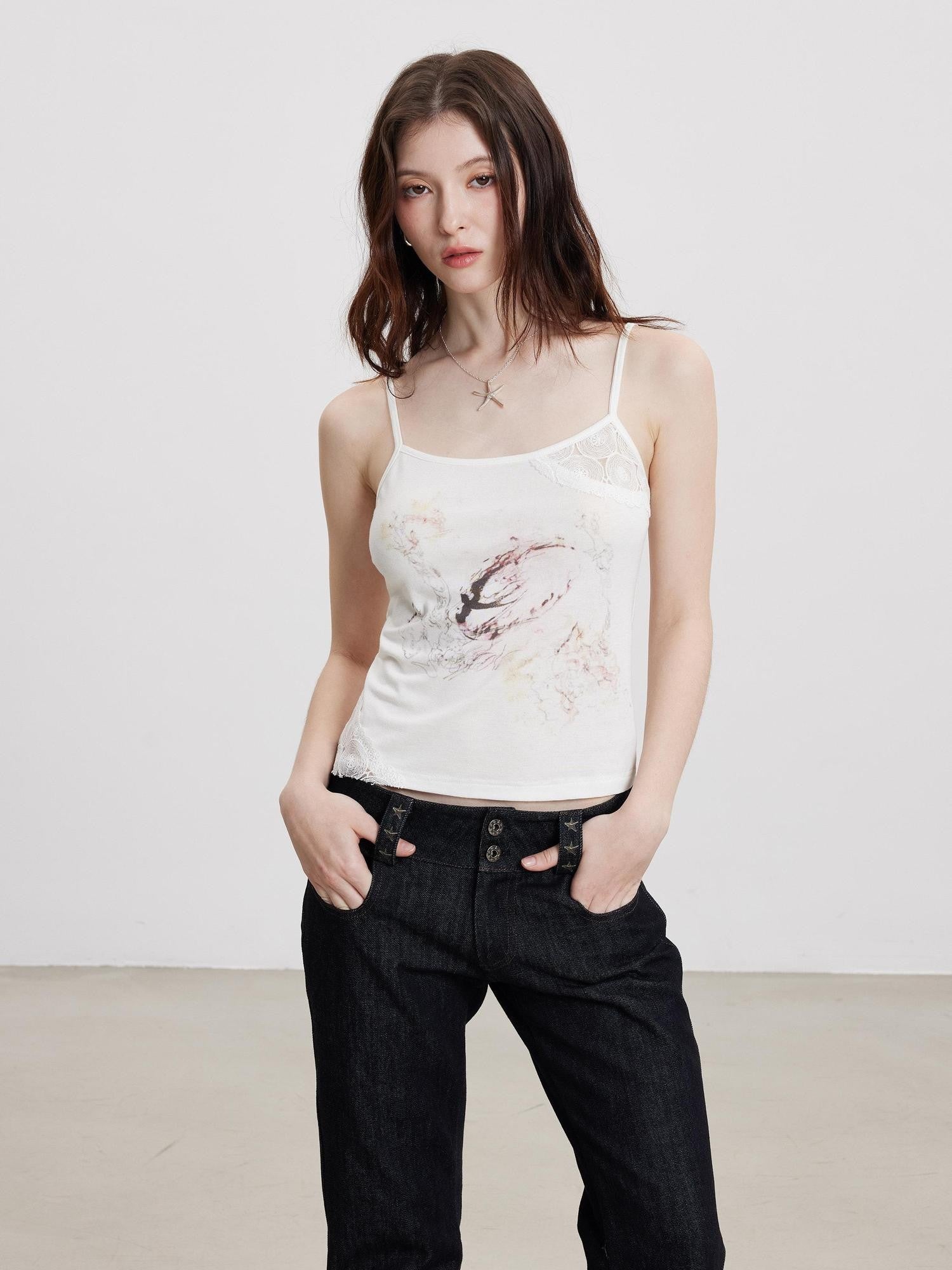 THELIGHT OFFICIAL Dreamy Lace Splice Animal Print Women's Lyocell Wool Blend Camisoles