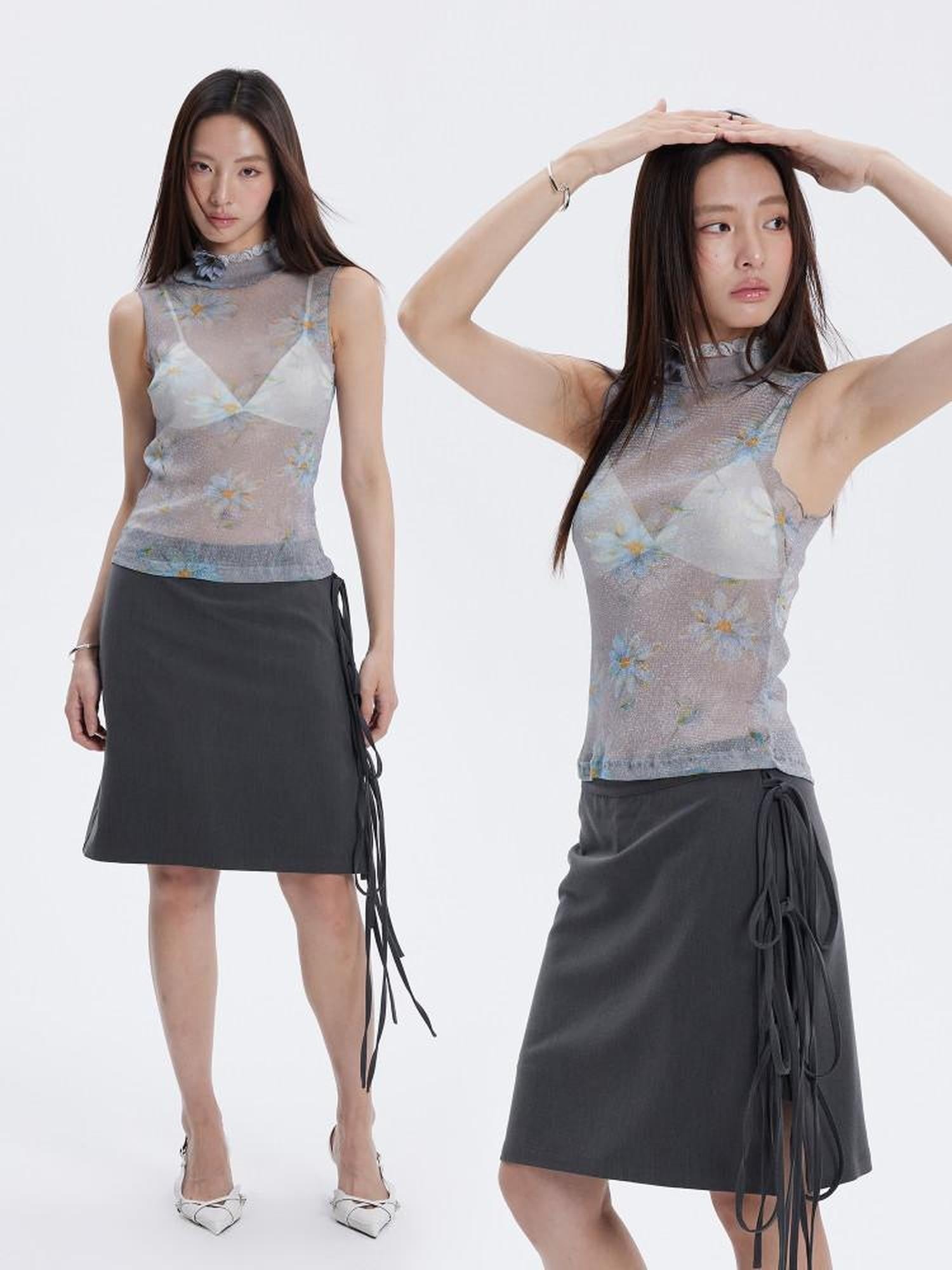 THELIGHT OFFICIAL Floral Mesh Printed Sheer Slim Fit Women's Polyamide Polyester Blend Tank Tops