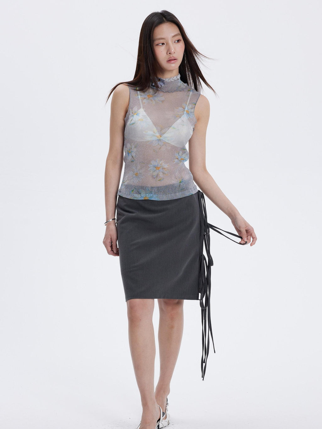 THELIGHT OFFICIAL Floral Mesh Printed Sheer Slim Fit Women's Polyamide Polyester Blend Tank Tops