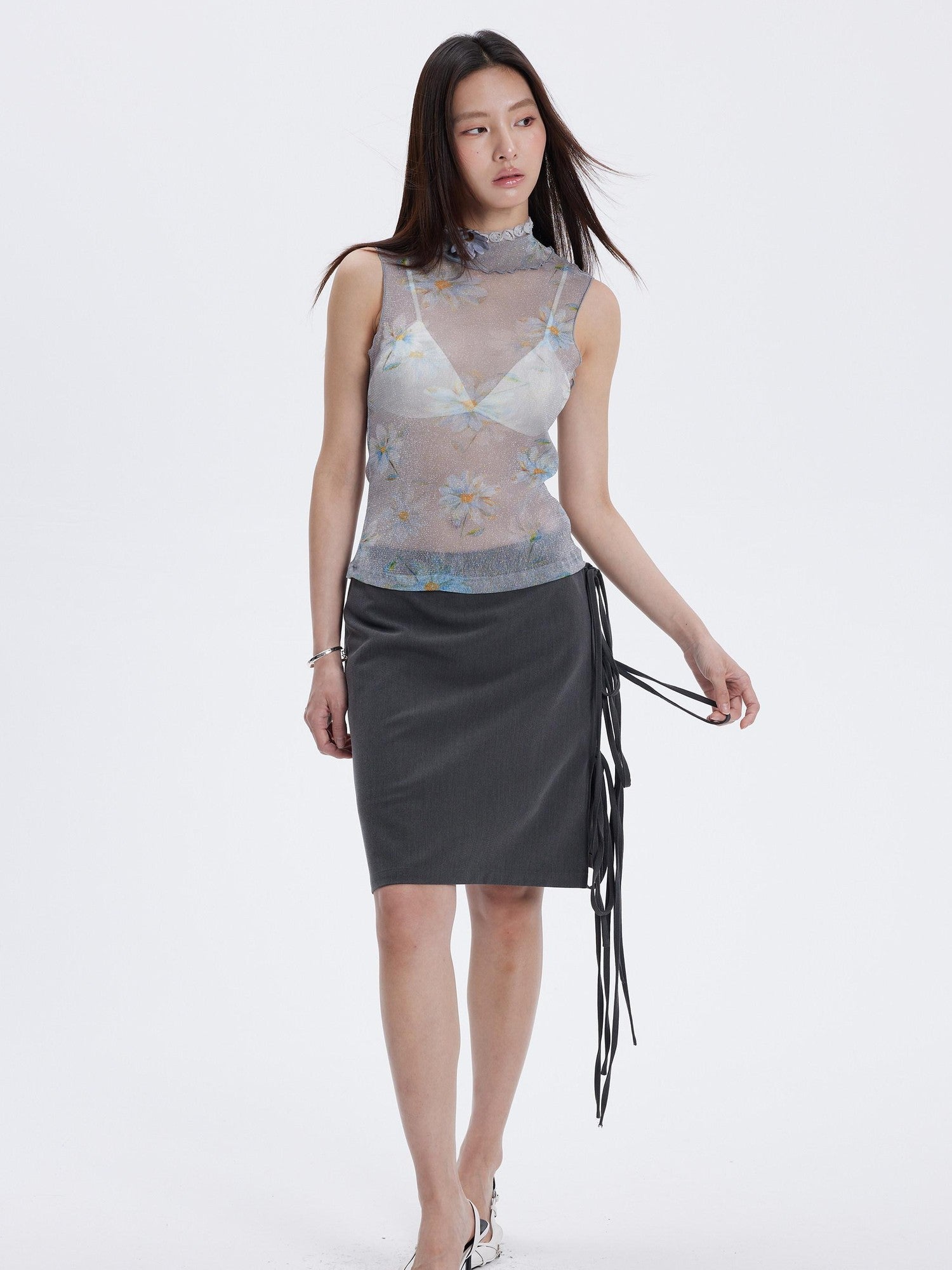 THELIGHT OFFICIAL Floral Mesh Printed Sheer Slim Fit Women's Polyamide Polyester Blend Tank Tops