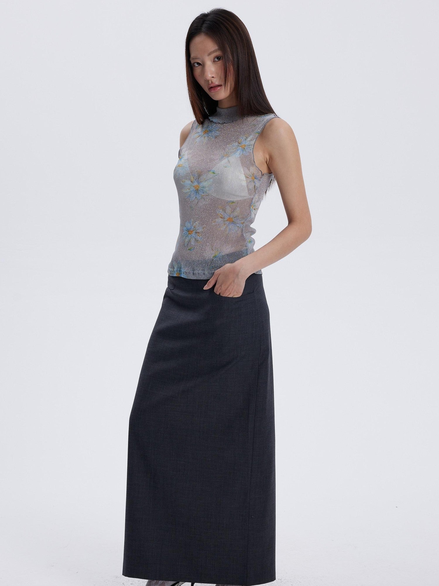 THELIGHT OFFICIAL Floral Mesh Printed Sheer Slim Fit Women's Polyamide Polyester Blend Tank Tops