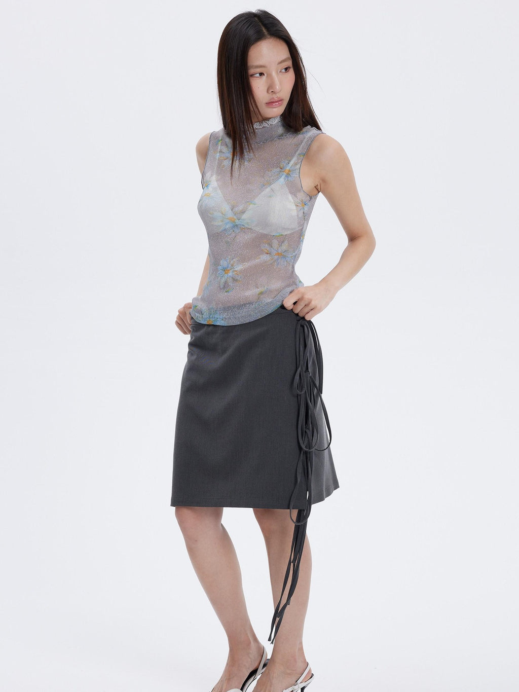 THELIGHT OFFICIAL Floral Mesh Printed Sheer Slim Fit Women's Polyamide Polyester Blend Tank Tops