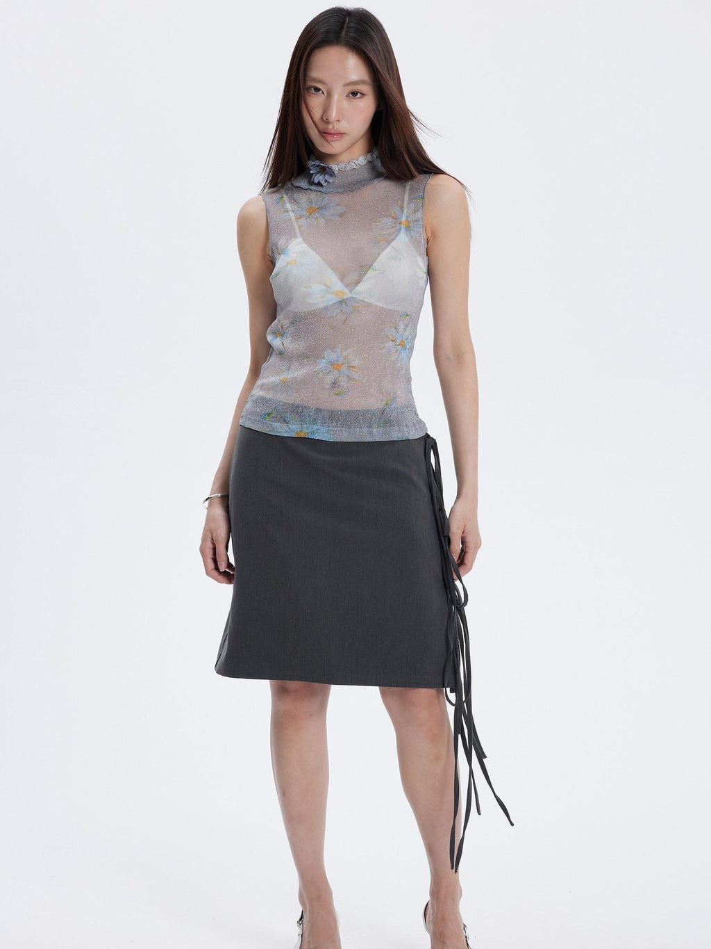 THELIGHT OFFICIAL Floral Mesh Printed Sheer Slim Fit Women's Polyamide Polyester Blend Tank Tops