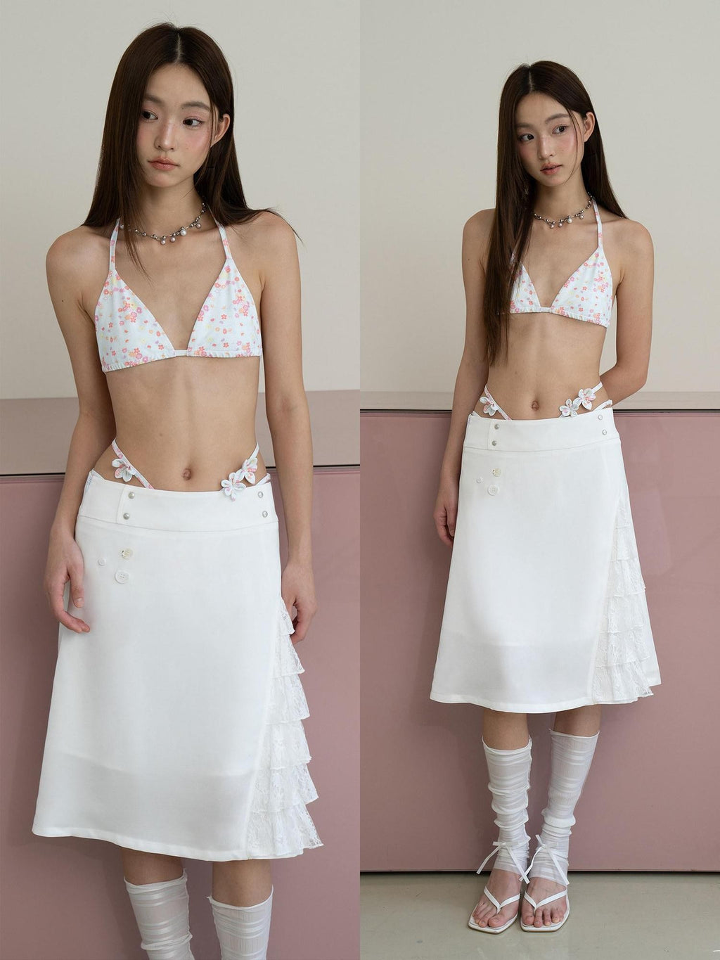 THELIGHT OFFICIAL Floral Polka Dot Printed Tie Back Triangle Low Waist Women's Polyester Bikinis
