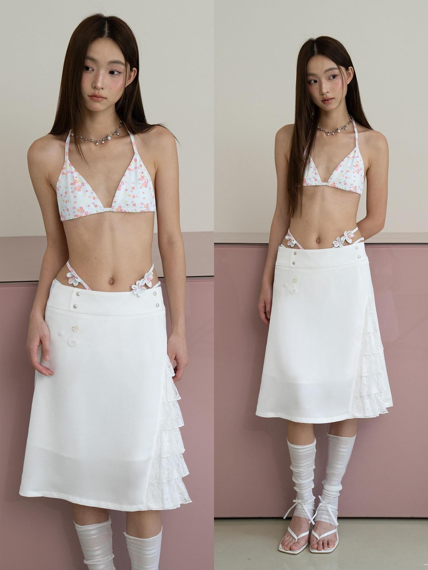 THELIGHT OFFICIAL Floral Polka Dot Printed Tie Back Triangle Low Waist Women's Polyester Bikinis
