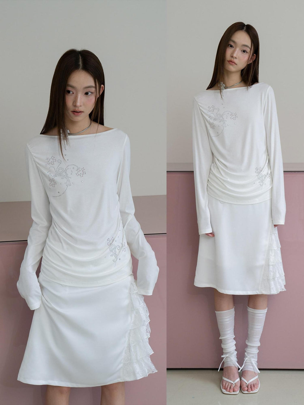 THELIGHT OFFICIAL Floral Rhinestone Waist Ruched Bateau Neck Women's Lyocell Long Sleeve T-shirts