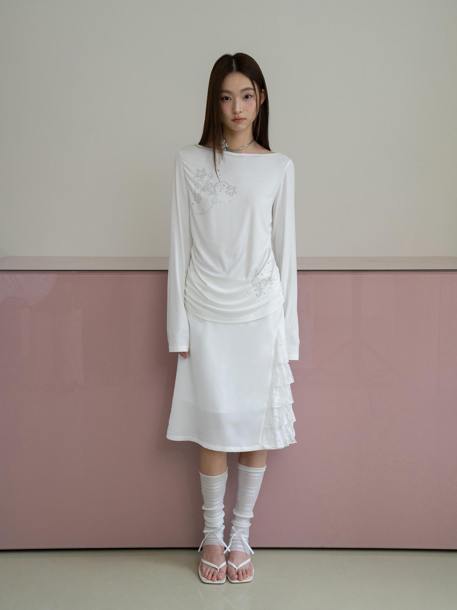 THELIGHT OFFICIAL Floral Rhinestone Waist Ruched Bateau Neck Women's Lyocell Long Sleeve T-shirts
