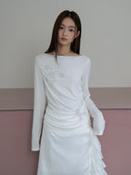 THELIGHT OFFICIAL Floral Rhinestone Waist Ruched Bateau Neck Women's Lyocell Long Sleeve T-shirts