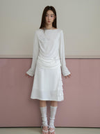 THELIGHT OFFICIAL Floral Rhinestone Waist Ruched Bateau Neck Women's Lyocell Long Sleeve T-shirts