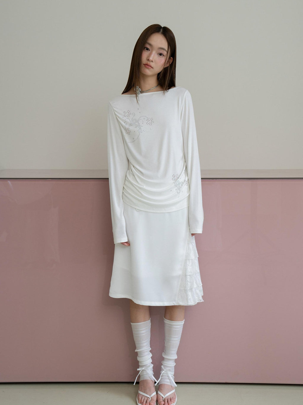 THELIGHT OFFICIAL Floral Rhinestone Waist Ruched Bateau Neck Women's Lyocell Long Sleeve T-shirts