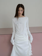 THELIGHT OFFICIAL Floral Rhinestone Waist Ruched Bateau Neck Women's Lyocell Long Sleeve T-shirts