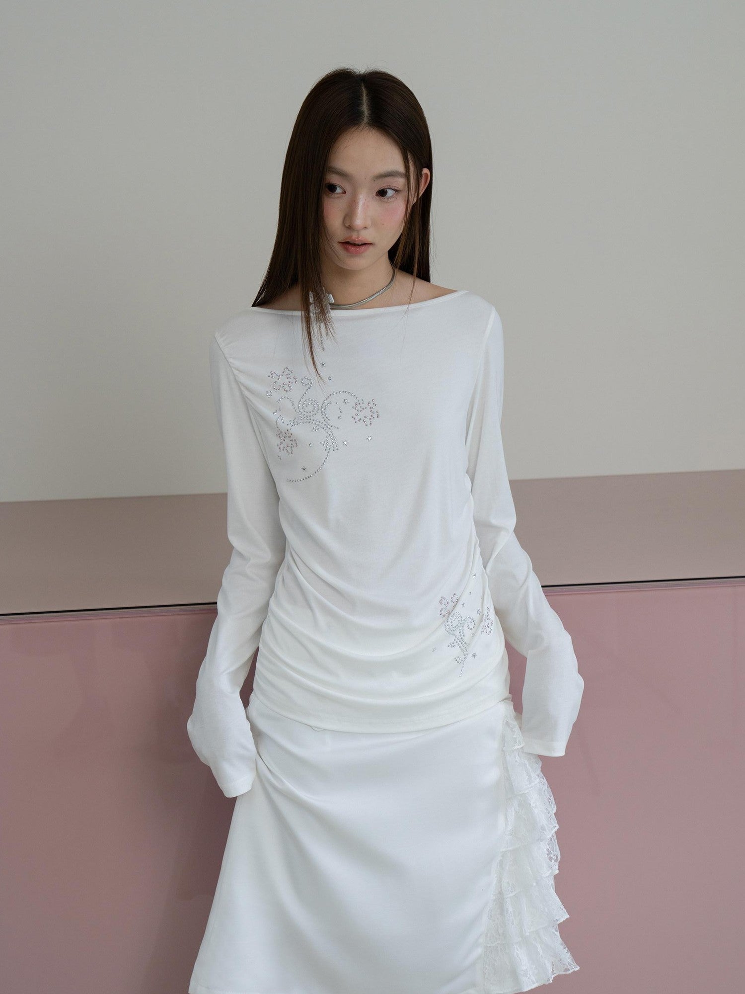 THELIGHT OFFICIAL Floral Rhinestone Waist Ruched Bateau Neck Women's Lyocell Long Sleeve T-shirts