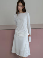 THELIGHT OFFICIAL Floral Rhinestone Waist Ruched Bateau Neck Women's Lyocell Long Sleeve T-shirts