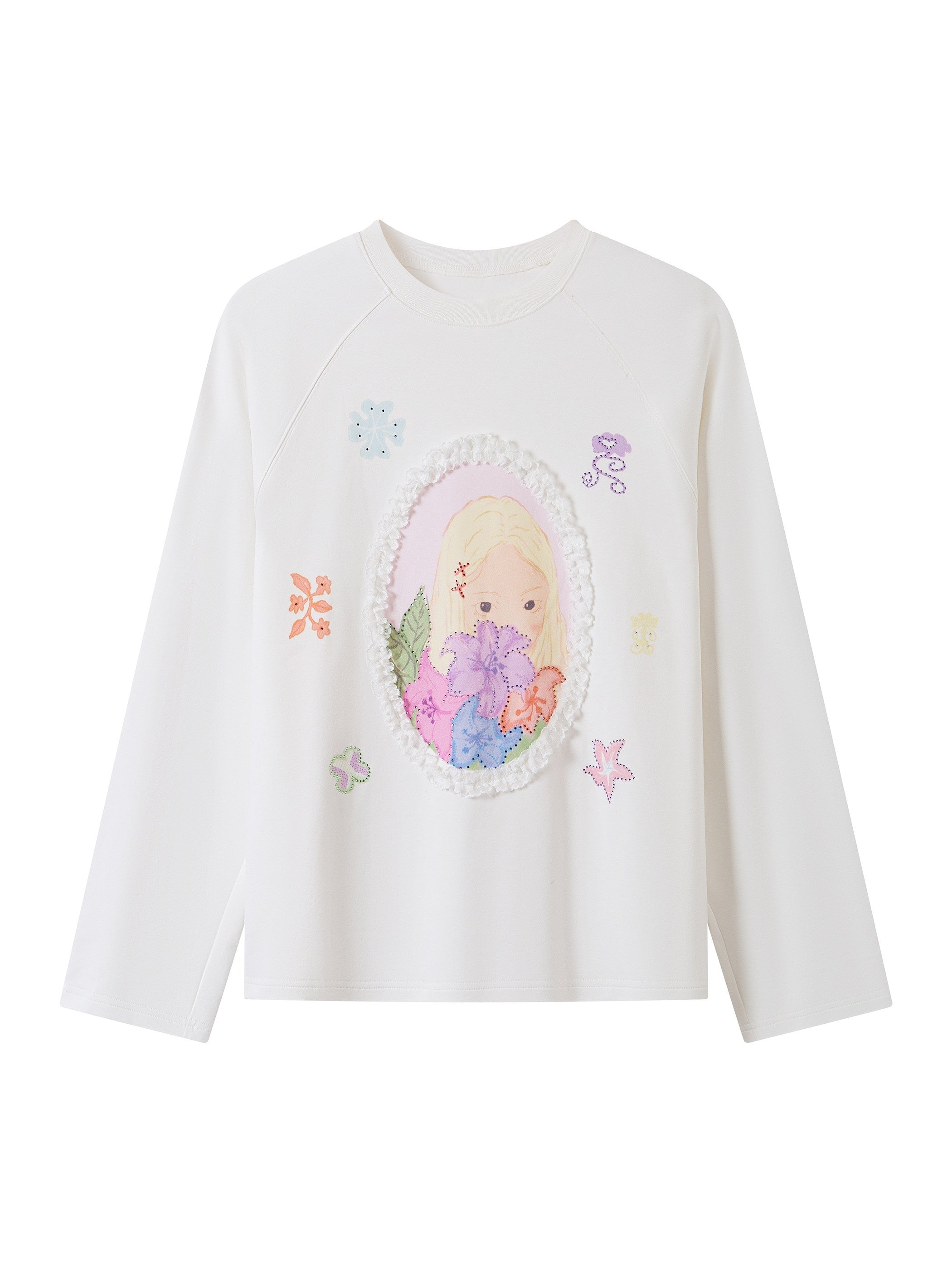 THELIGHT OFFICIAL Girl Portrait Print Rhinestone Women's Modal Cotton Long Sleeve T-shirts 985476686156