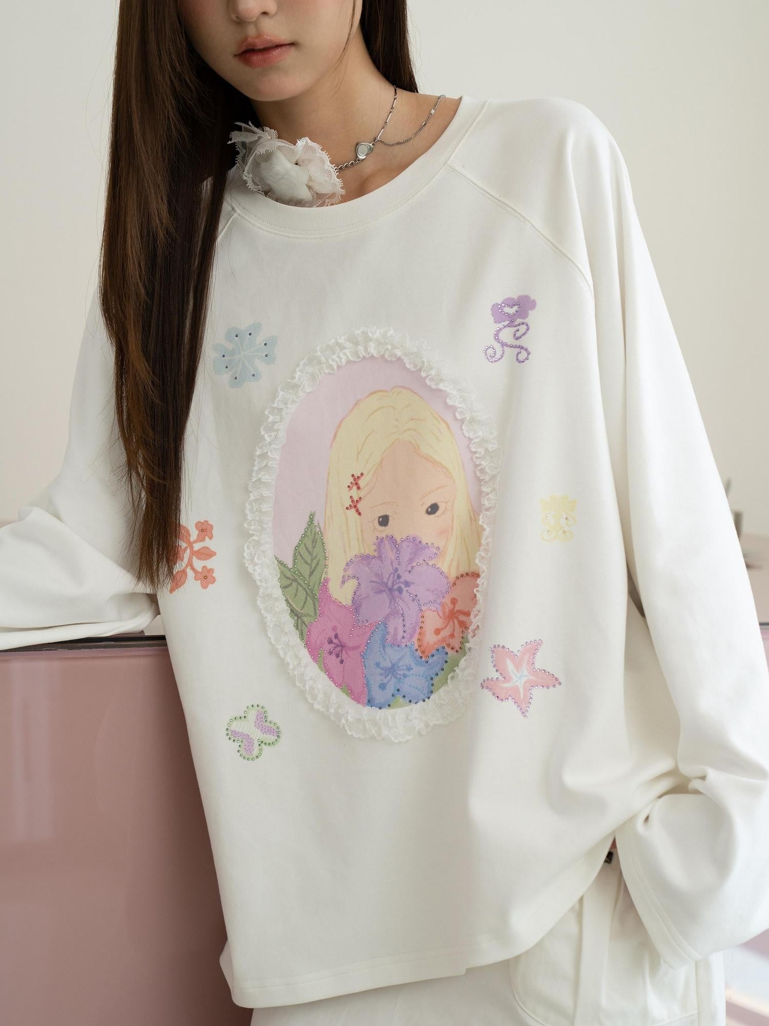 THELIGHT OFFICIAL Girl Portrait Print Rhinestone Women's Modal Cotton Long Sleeve T-shirts