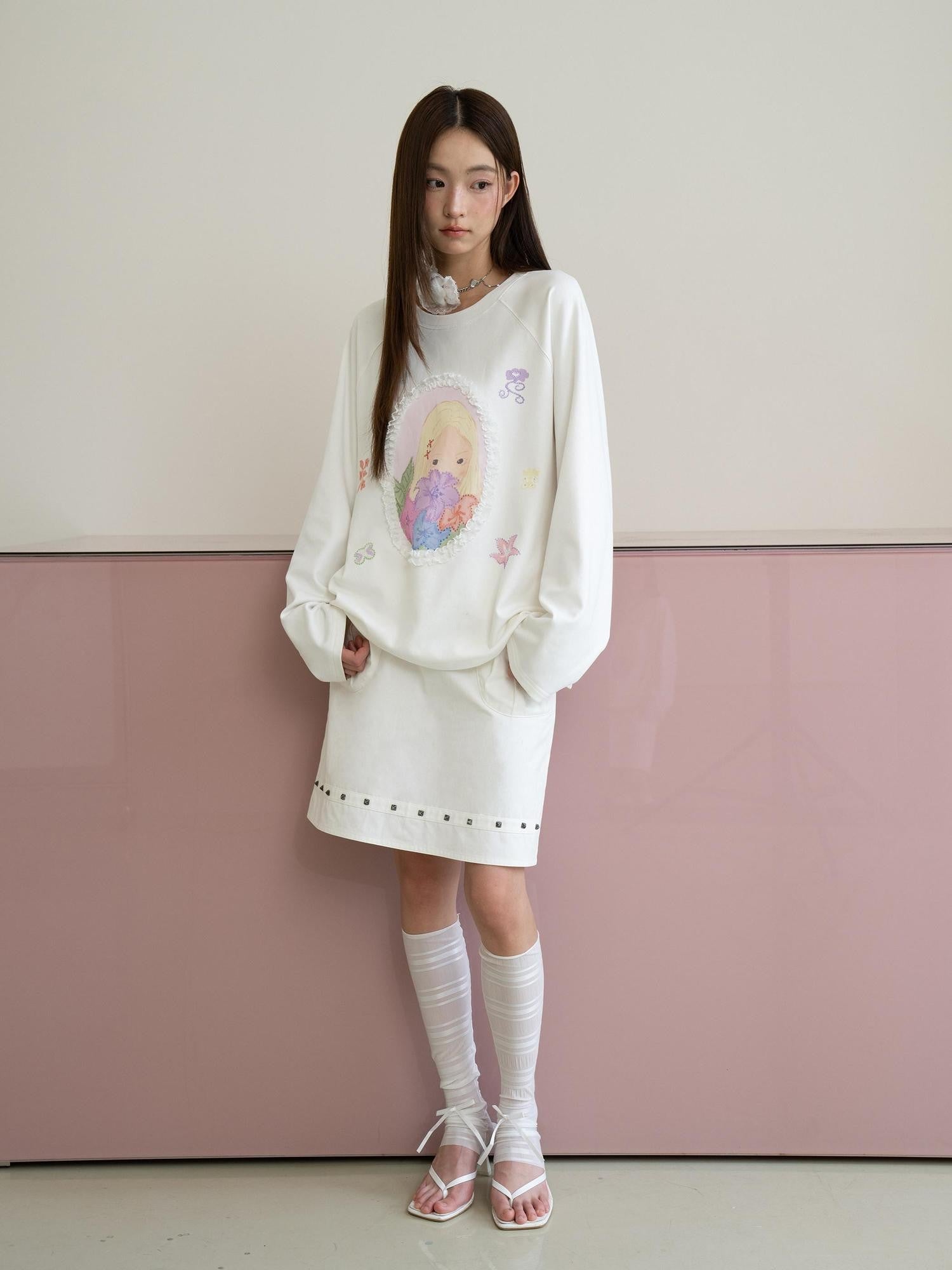 THELIGHT OFFICIAL Girl Portrait Print Rhinestone Women's Modal Cotton Long Sleeve T-shirts