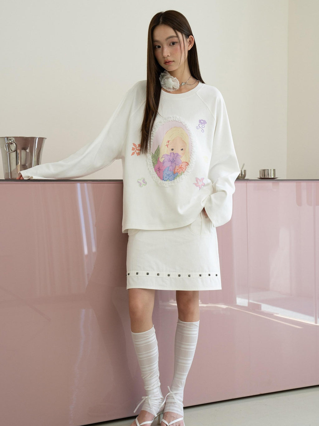 THELIGHT OFFICIAL Girl Portrait Print Rhinestone Women's Modal Cotton Long Sleeve T-shirts