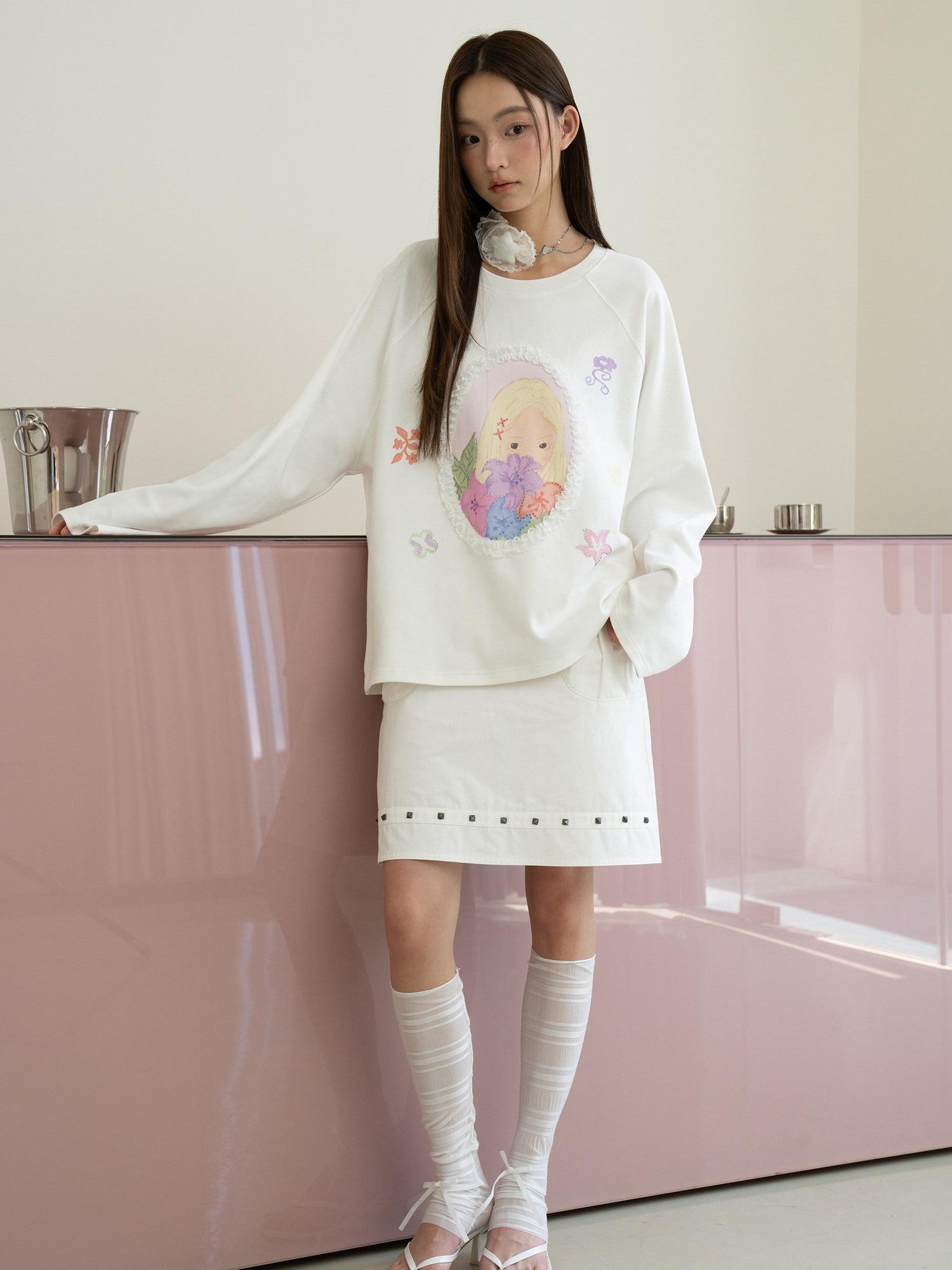 THELIGHT OFFICIAL Girl Portrait Print Rhinestone Women's Modal Cotton Long Sleeve T-shirts