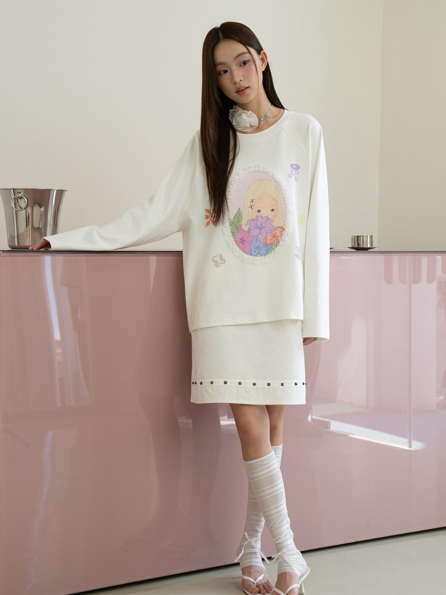 THELIGHT OFFICIAL Girl Portrait Print Rhinestone Women's Modal Cotton Long Sleeve T-shirts