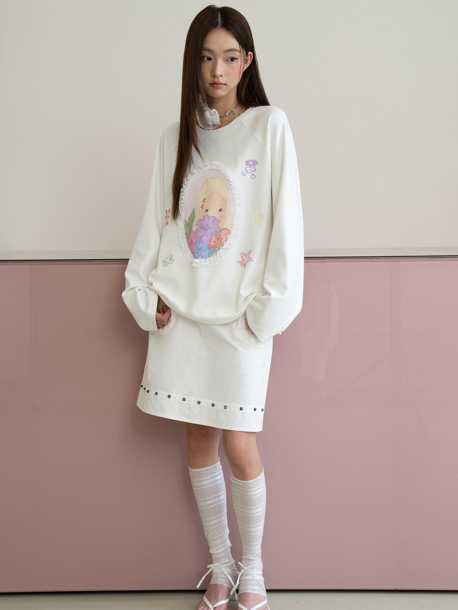 THELIGHT OFFICIAL Girl Portrait Print Rhinestone Women's Modal Cotton Long Sleeve T-shirts