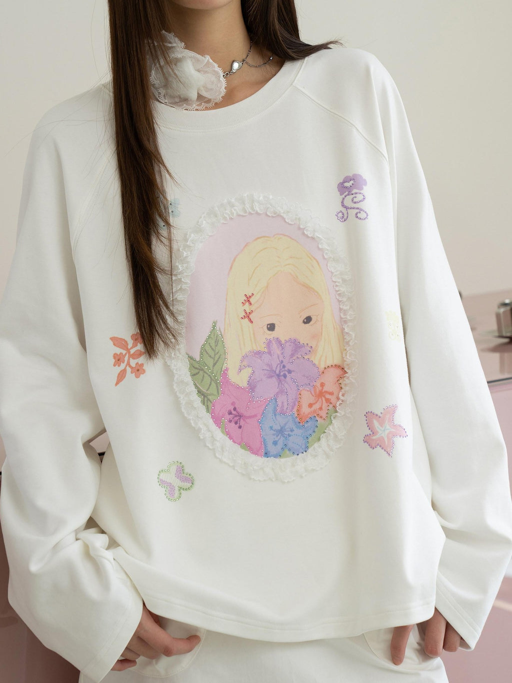 THELIGHT OFFICIAL Girl Portrait Print Rhinestone Women's Modal Cotton Long Sleeve T-shirts