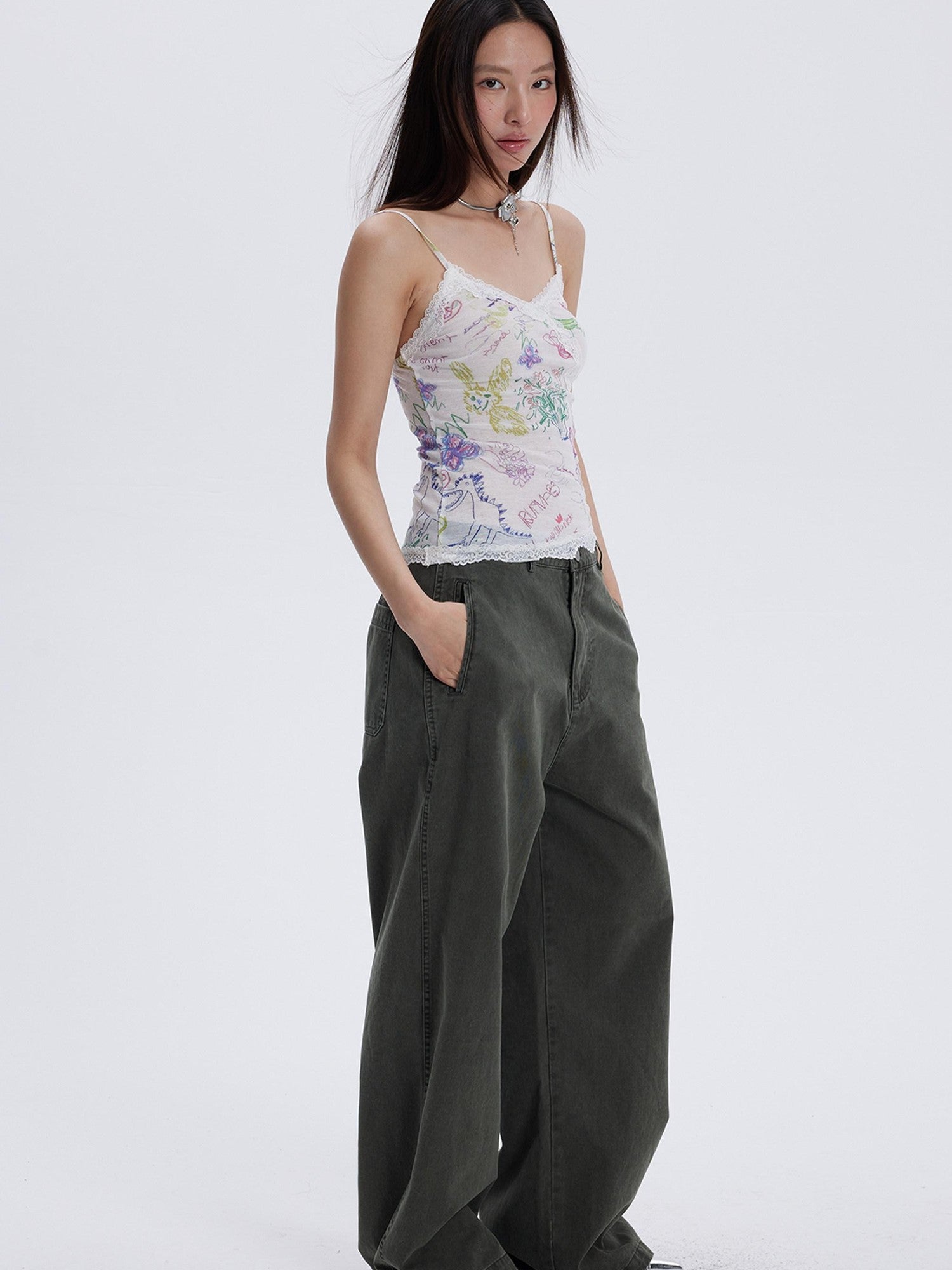 THELIGHT OFFICIAL Graffiti Floral Print Lace Cropped Slim Women's Recycled Viscose Camisoles