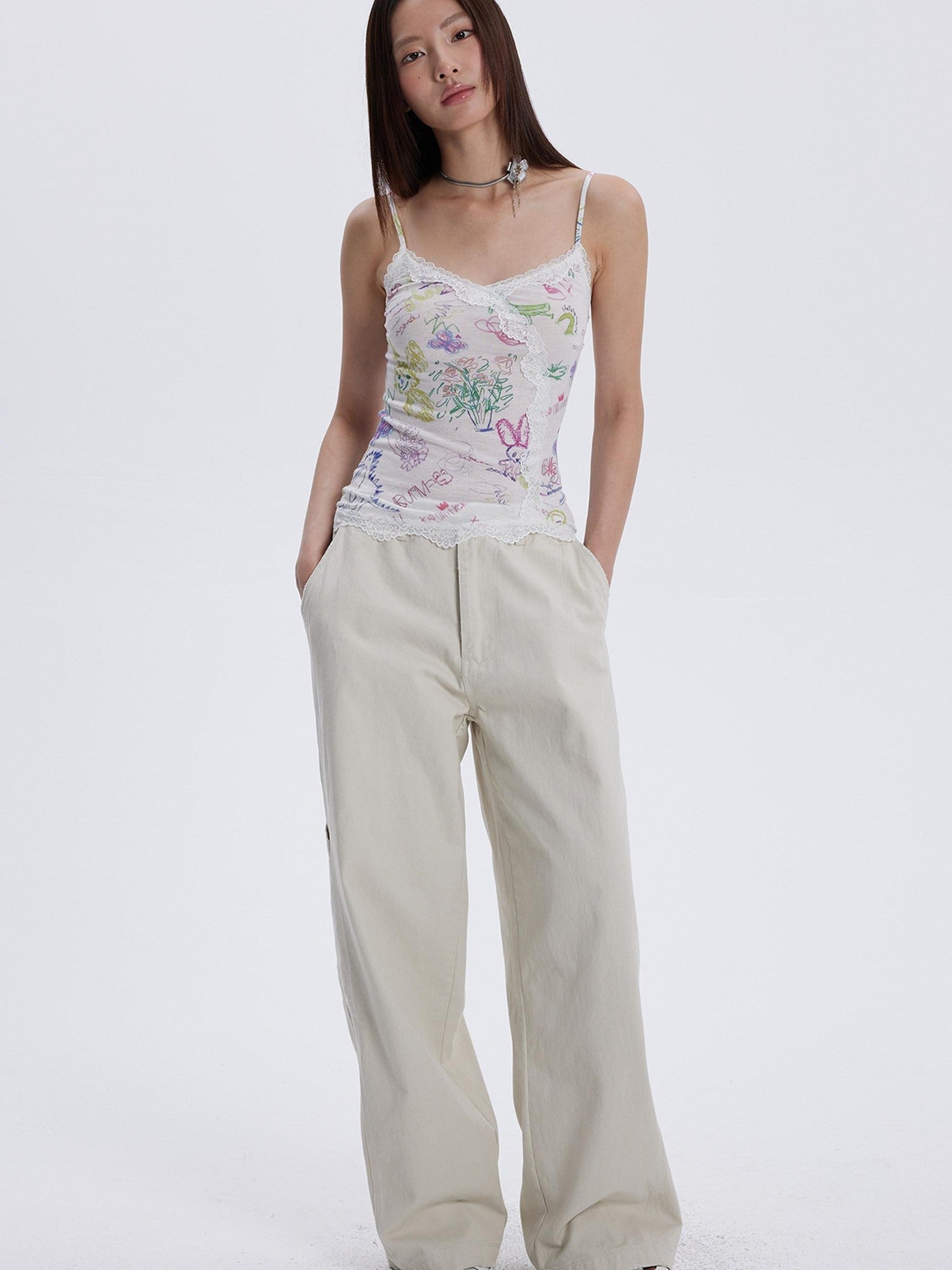 THELIGHT OFFICIAL Graffiti Floral Print Lace Cropped Slim Women's Recycled Viscose Camisoles