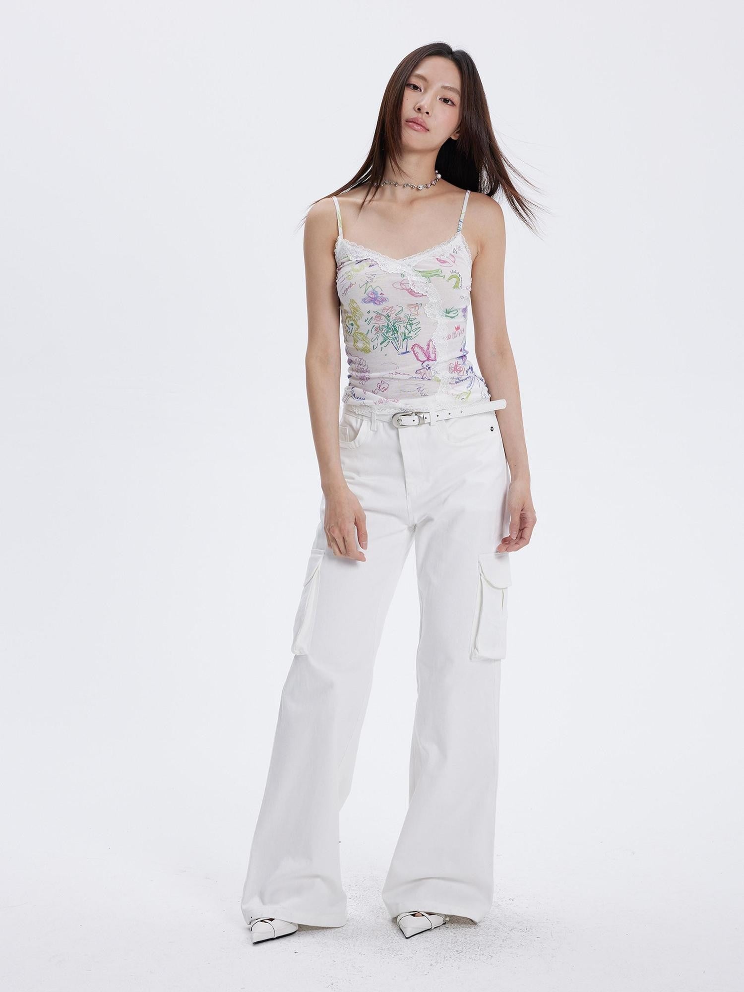 THELIGHT OFFICIAL Graffiti Floral Print Lace Cropped Slim Women's Recycled Viscose Camisoles