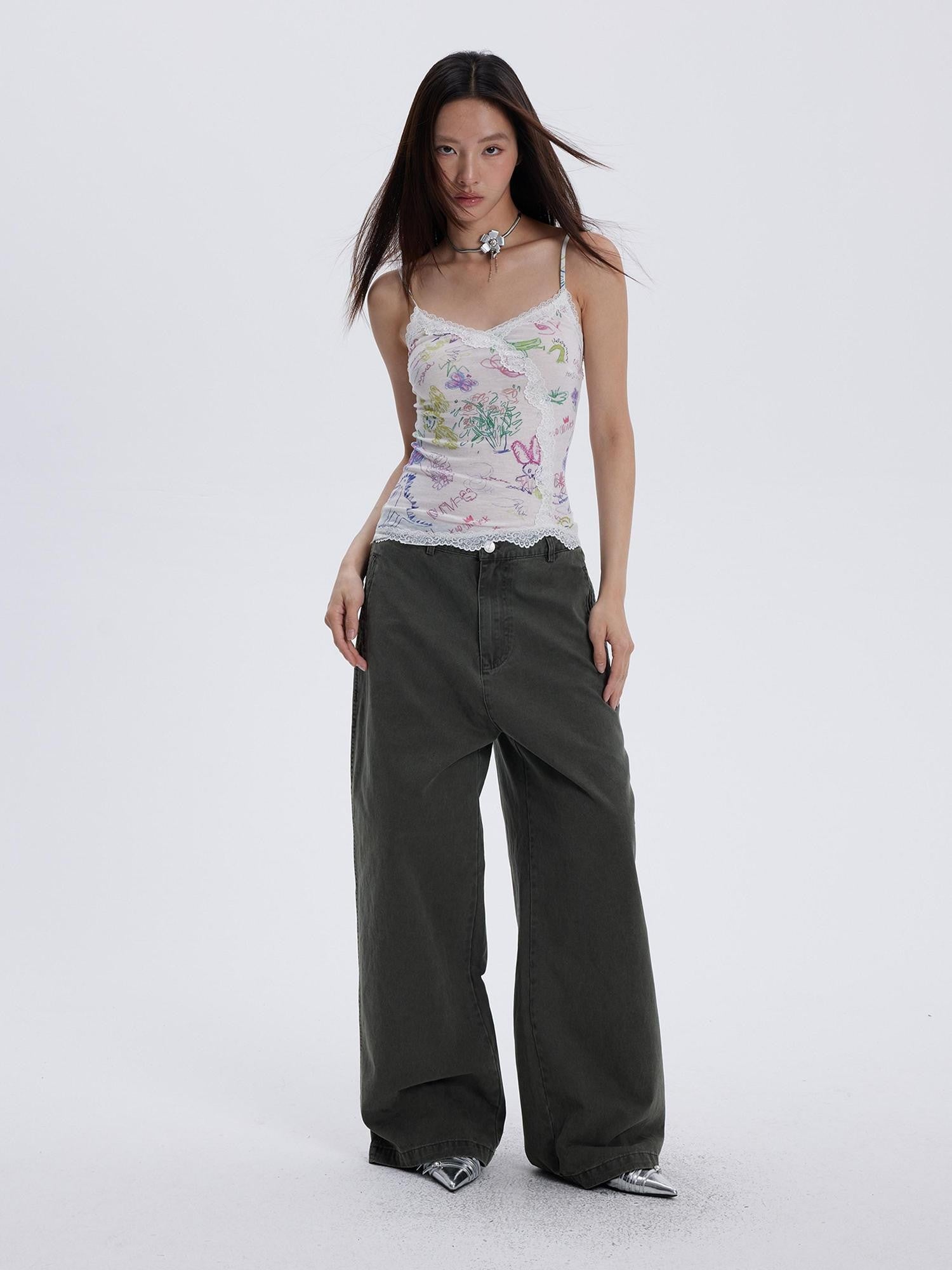THELIGHT OFFICIAL Graffiti Floral Print Lace Cropped Slim Women's Recycled Viscose Camisoles