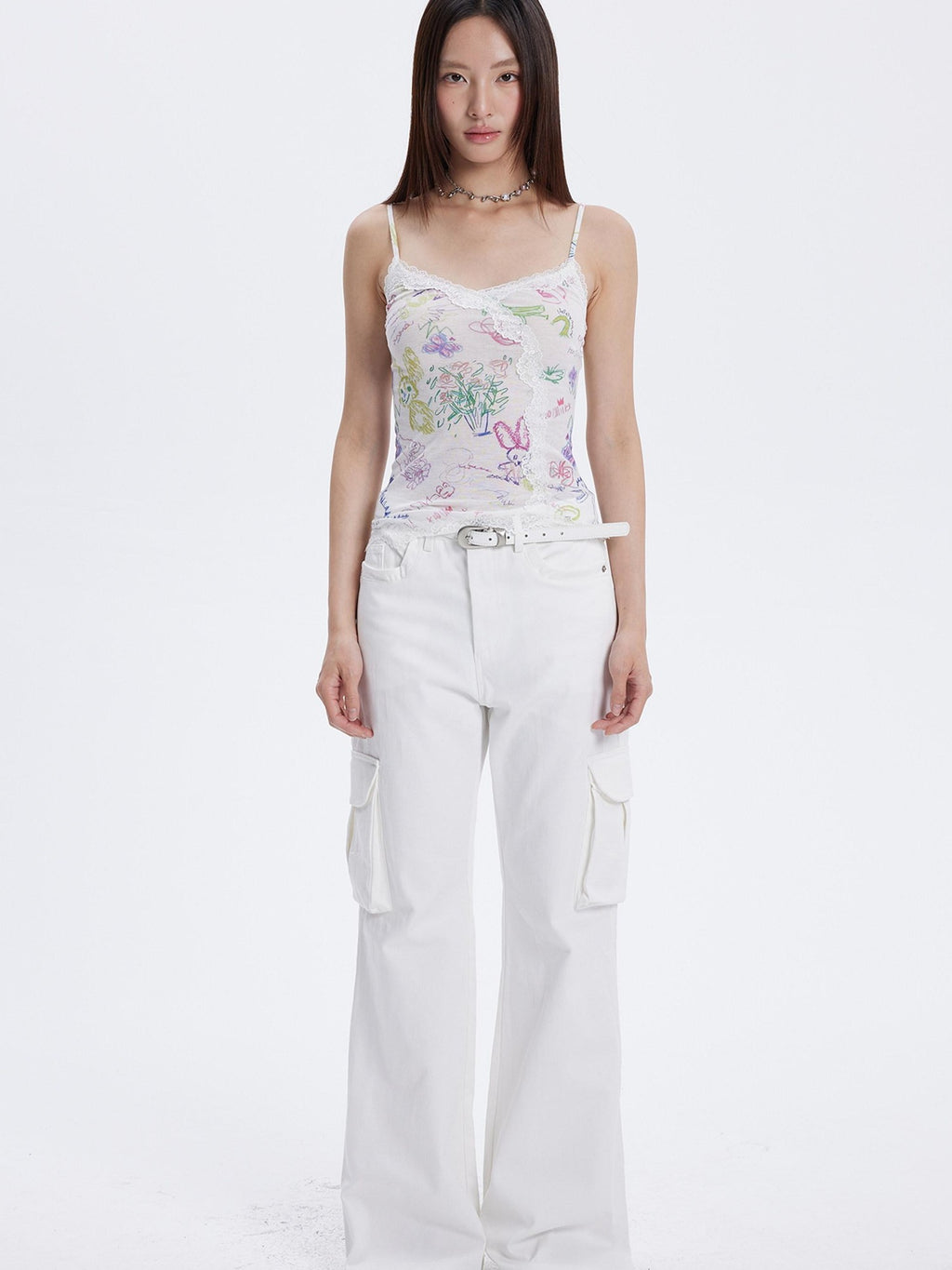 THELIGHT OFFICIAL Graffiti Floral Print Lace Cropped Slim Women's Recycled Viscose Camisoles