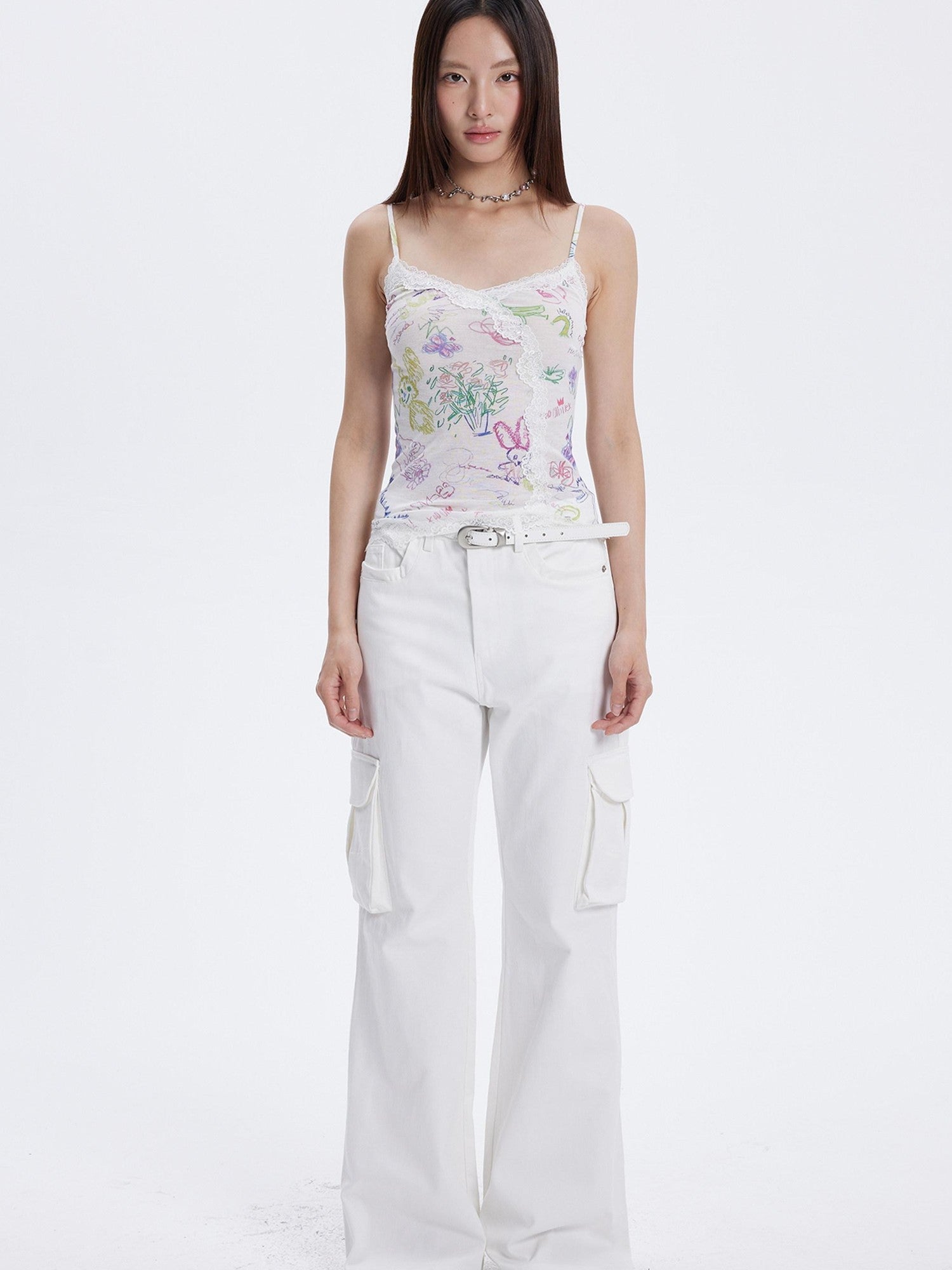 THELIGHT OFFICIAL Graffiti Floral Print Lace Cropped Slim Women's Recycled Viscose Camisoles