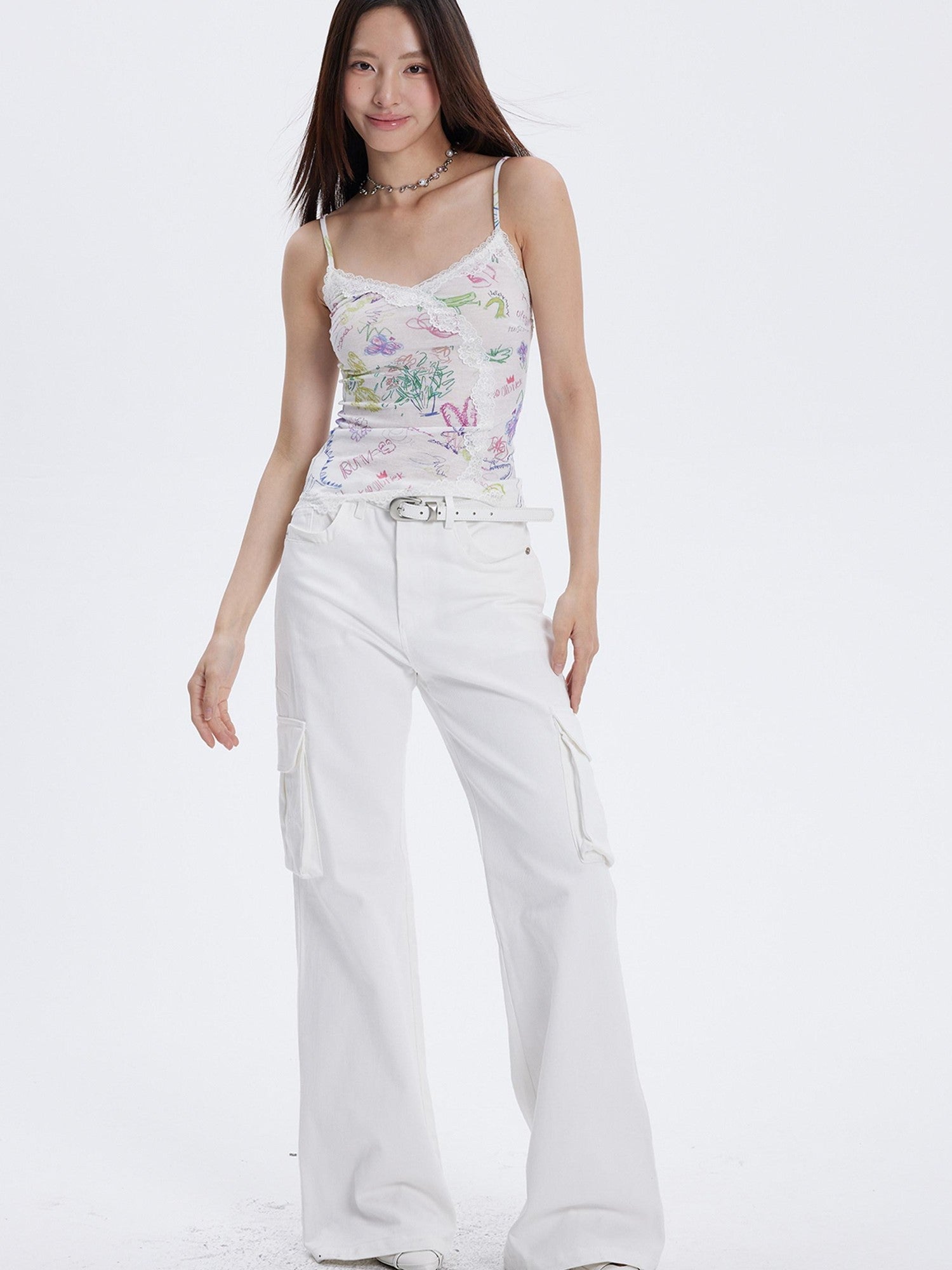 THELIGHT OFFICIAL Graffiti Floral Print Lace Cropped Slim Women's Recycled Viscose Camisoles