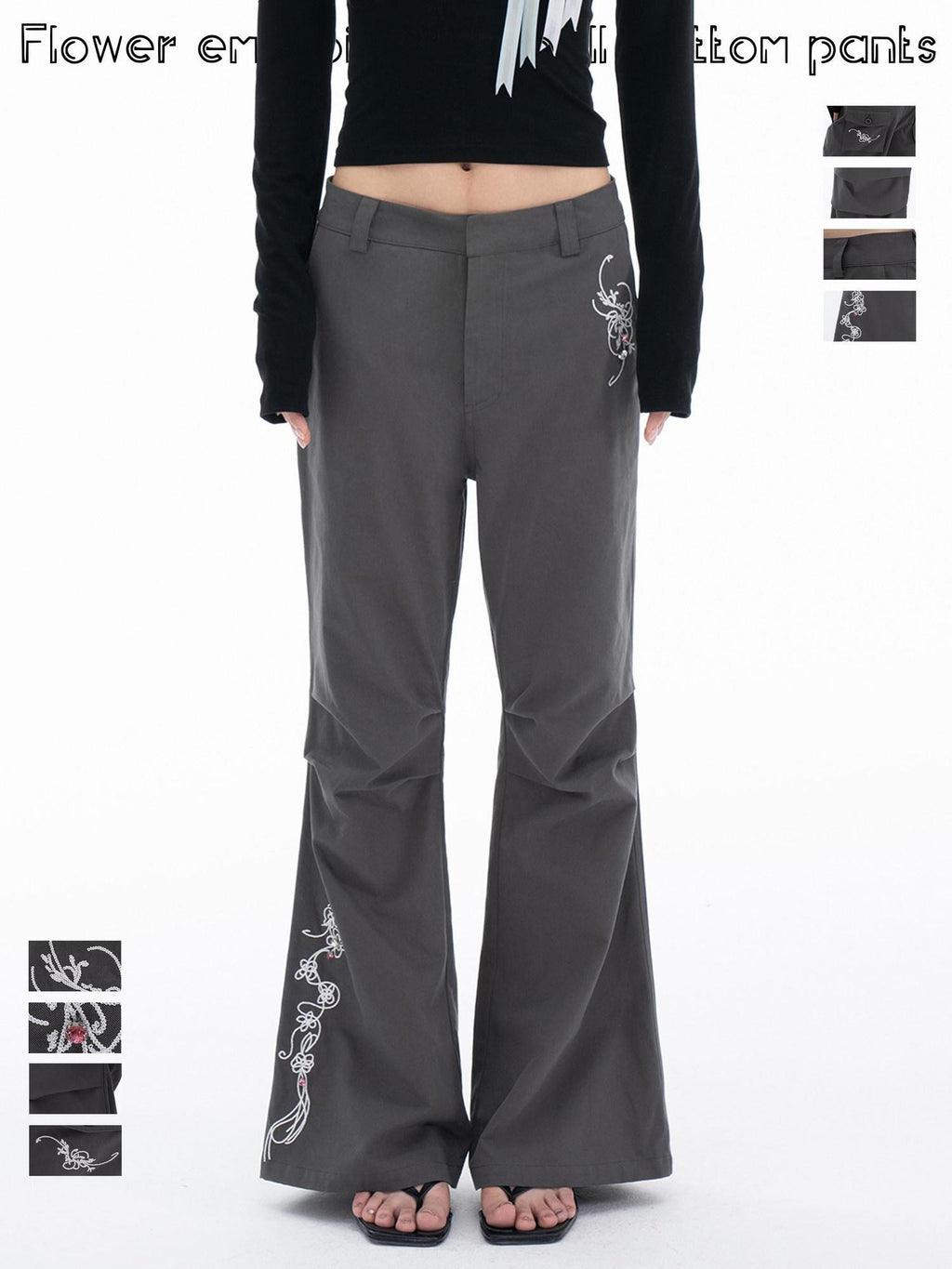 THELIGHT OFFICIAL Gray 3d Embroidery Rhinestone Women's Cotton Lyocell Blend Flare Pants