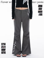 THELIGHT OFFICIAL Gray 3d Embroidery Rhinestone Women's Cotton Lyocell Blend Flare Pants