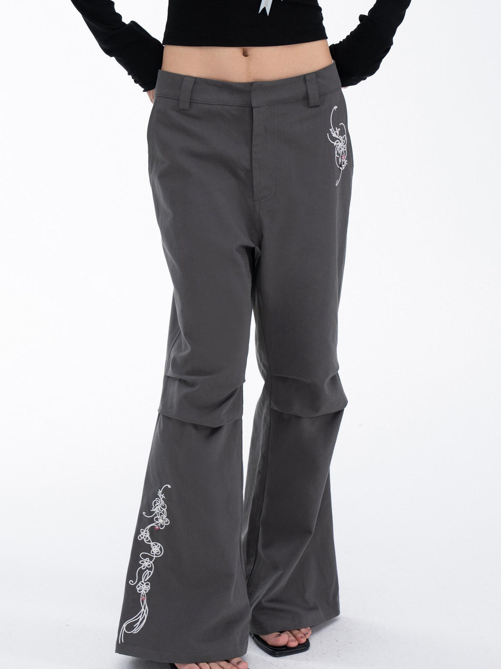 THELIGHT OFFICIAL Gray 3d Embroidery Rhinestone Women's Cotton Lyocell Blend Flare Pants