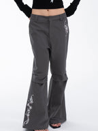 THELIGHT OFFICIAL Gray 3d Embroidery Rhinestone Women's Cotton Lyocell Blend Flare Pants