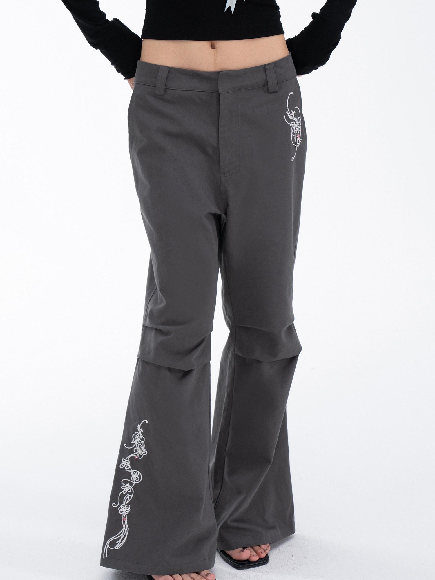 THELIGHT OFFICIAL Gray 3d Embroidery Rhinestone Women's Cotton Lyocell Blend Flare Pants