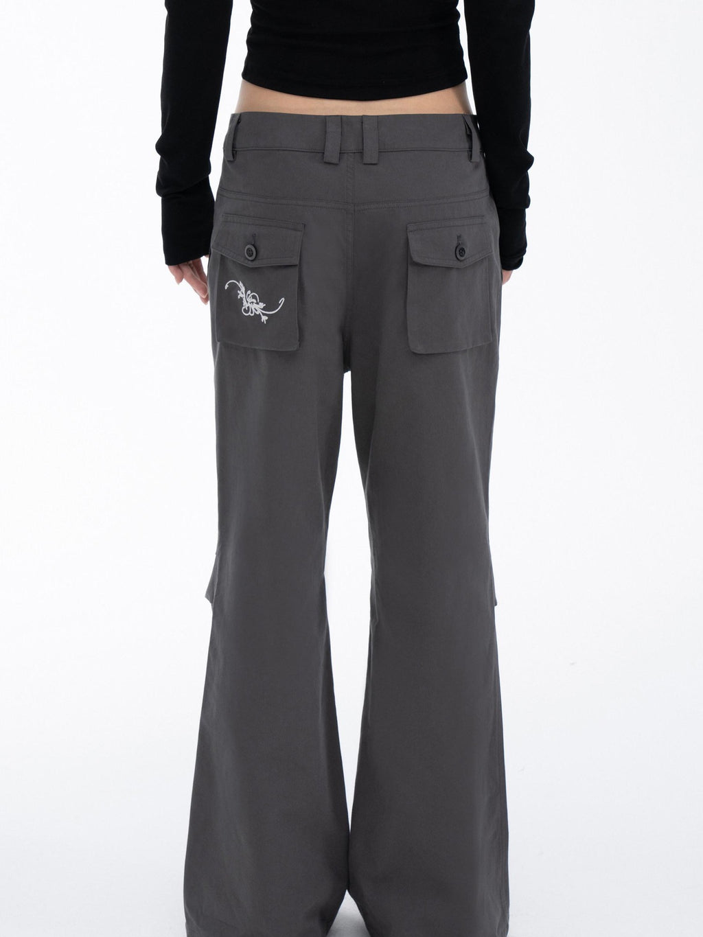 THELIGHT OFFICIAL Gray 3d Embroidery Rhinestone Women's Cotton Lyocell Blend Flare Pants