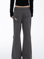 THELIGHT OFFICIAL Gray 3d Embroidery Rhinestone Women's Cotton Lyocell Blend Flare Pants