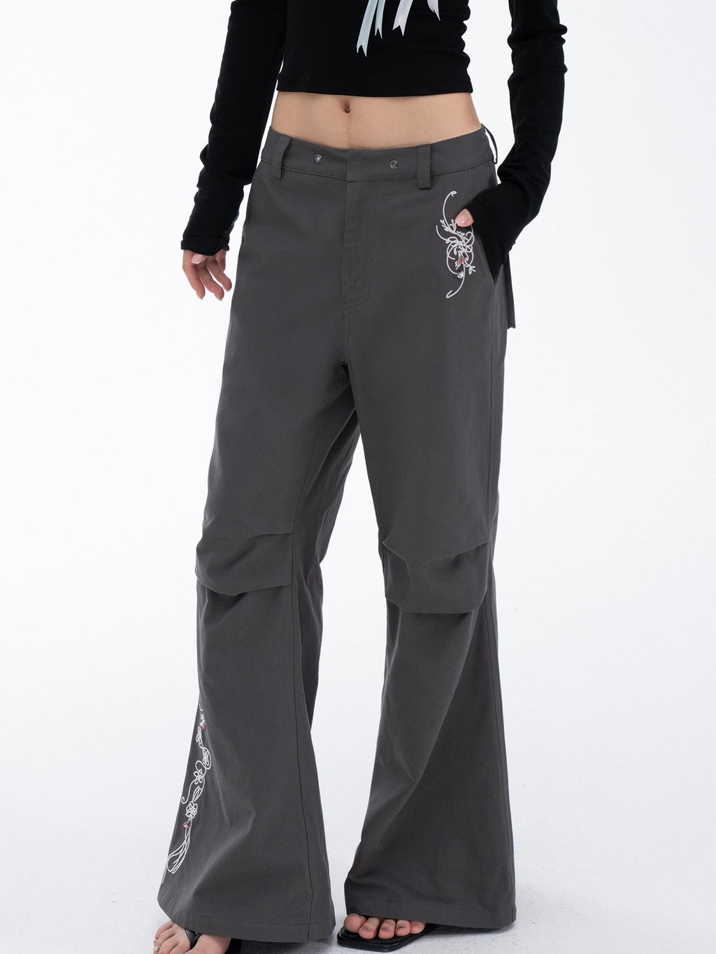 THELIGHT OFFICIAL Gray 3d Embroidery Rhinestone Women's Cotton Lyocell Blend Flare Pants